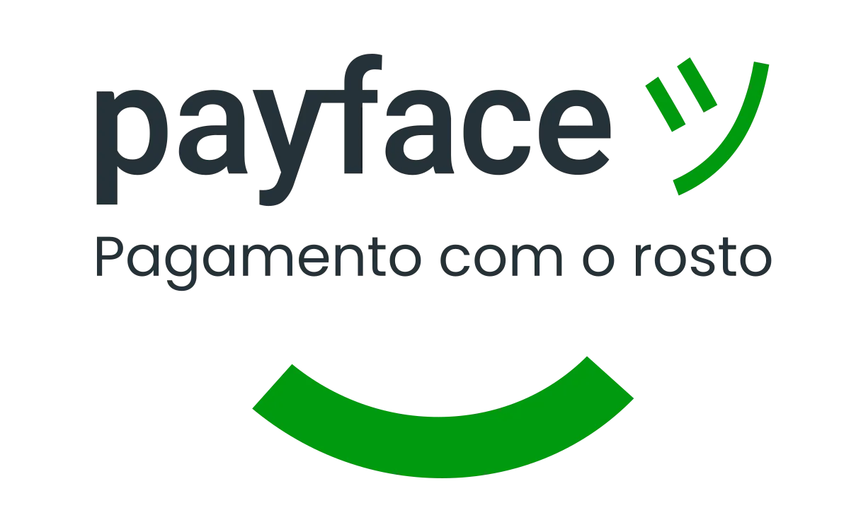 Logotipo da empresa Payface. Imagem composta pelo título "Payface", acompanhado de um caractere japonês que se assemelha a um sorriso, e o slogan na parte inferior com os dizeres "Pagamento com o rosto".