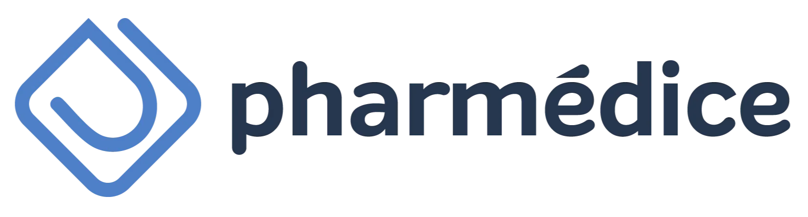 A imagem apresenta o logomarca da Pharmédice. O design é moderno e simples, com um símbolo geométrico no lado esquerdo, que representa uma gota estilizada e o P de Pharmédice. Ao lado, a tipografia é clara, fonte moderna e elegante, com a palavra "Pharmédice" em uma tonalidade de azul escuro, mantendo a paleta de cores sóbria e profissional. O estilo do logo transmite confiabilidade e sofisticação.
