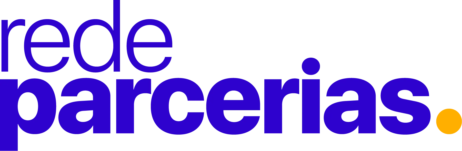 Logotipo da empresa escrito todo em letras minúsculas, na cor azul. Primeiro vem a palavra "rede"  e depois a palavra "parcerias" que está em negrito. Após isso, há um círculo em amarelo que simula um ponto final.