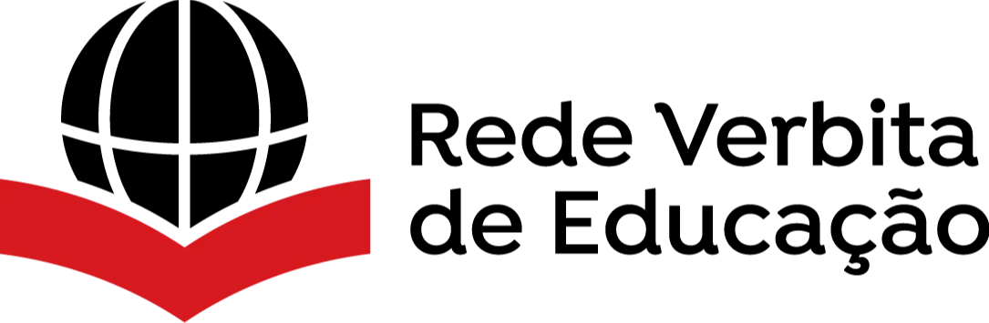 Logo da Rede Verbita de Educação. A logo contém um globo terrestre preto e um livro abaixo vermelho.