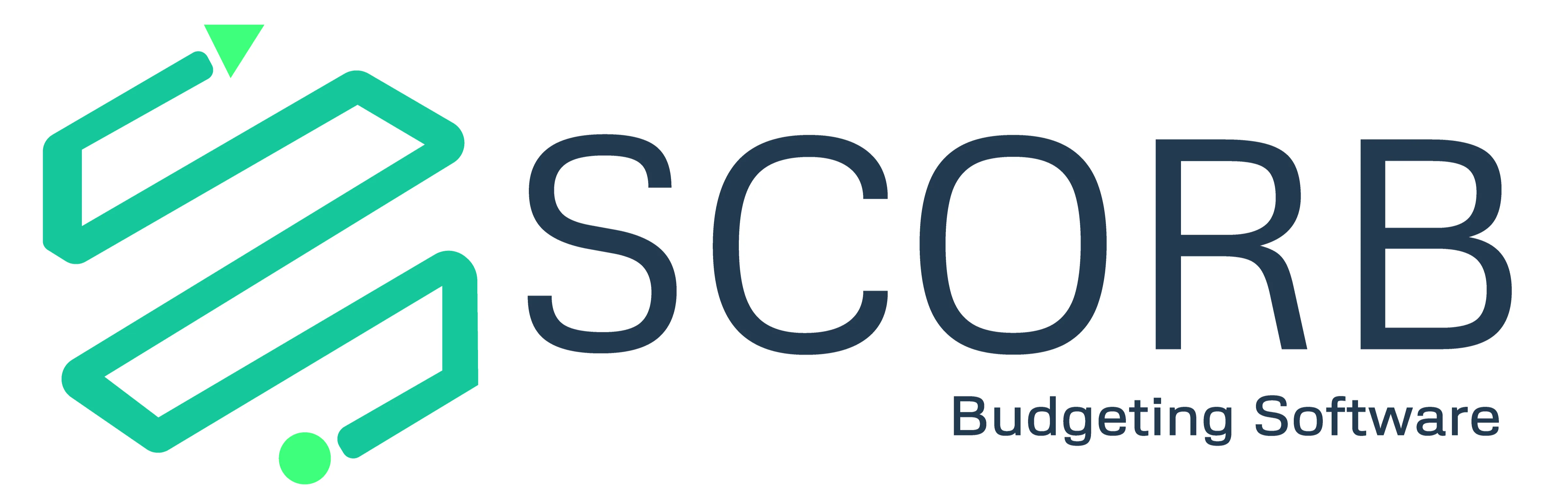 Imagem com fundo claro apresentando o logotipo da empresa. À esquerda, há um símbolo gráfico em tom verde, formado por linhas geométricas que lembram uma letra “S” estilizada com uma seta apontando para cima, sugerindo crescimento ou evolução. À direita do símbolo, está o nome SCORB em letras maiúsculas e cor escura. Abaixo do nome, em tamanho menor, aparece o texto “Budgeting Software”.