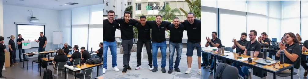 Montagem com três cenas de colaboradores da SCORB. À esquerda, equipe em sala de treinamento, com uma pessoa apresentando conteúdo em um quadro enquanto os demais acompanham sentados. Ao centro, grupo de colaboradores ao ar livre, lado a lado, sorrindo e com os braços apoiados nos ombros uns dos outros, demonstrando união. À direita, colaboradores em sala de aula aplaudindo após uma apresentação, em clima de reconhecimento e engajamento.