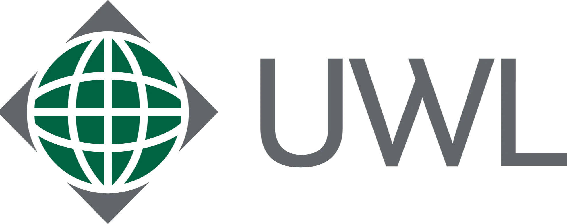 Logo UWL com as letras em cinza e globo, sendo o ícone da marca, estando a esquerda. O ícone é um losango em cinza escuro e no centro do losango há um globo verde escuro.