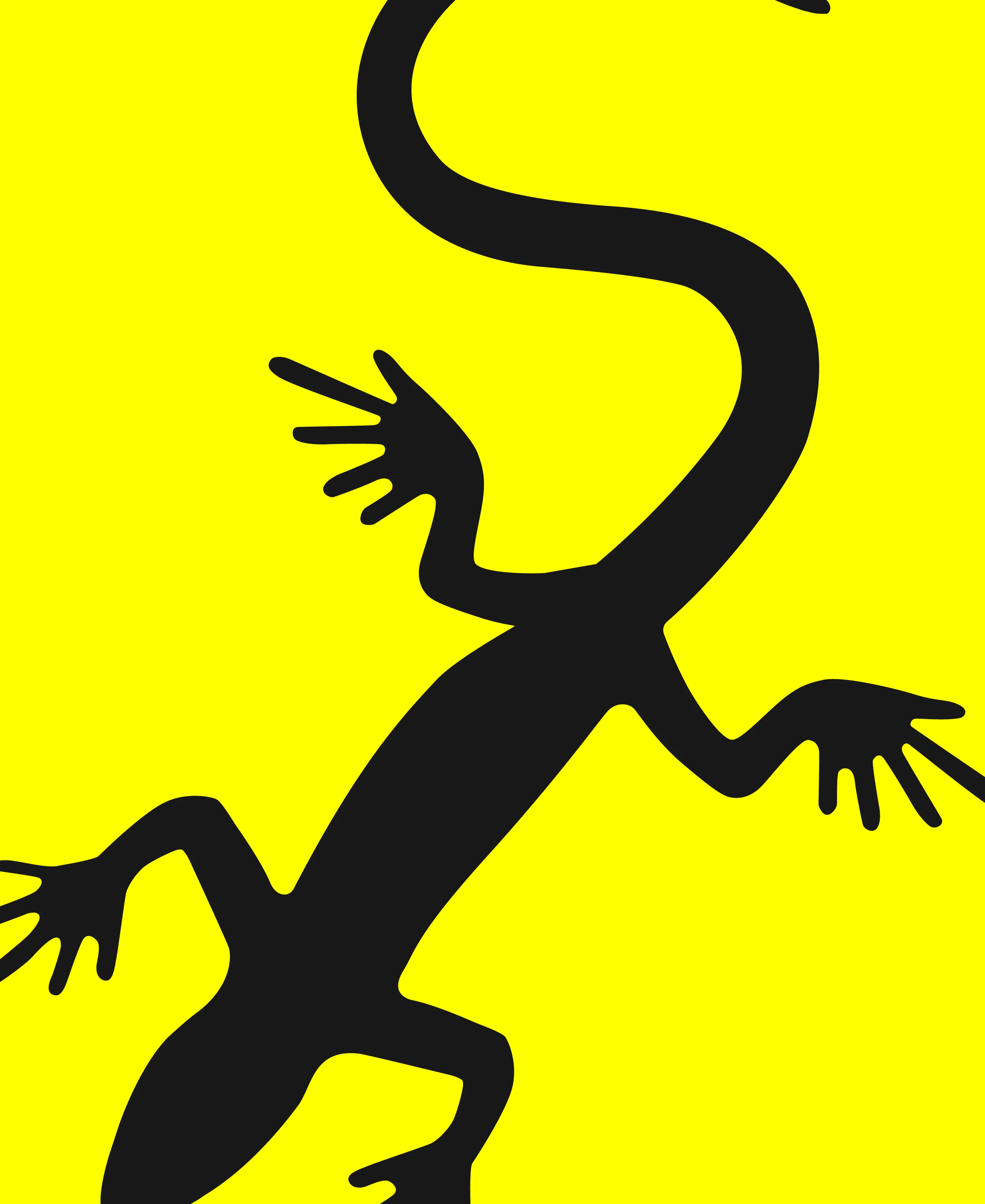 Logo com escritas pretas e na imagem dentro do quadrado amarelo, há uma lagartixa.