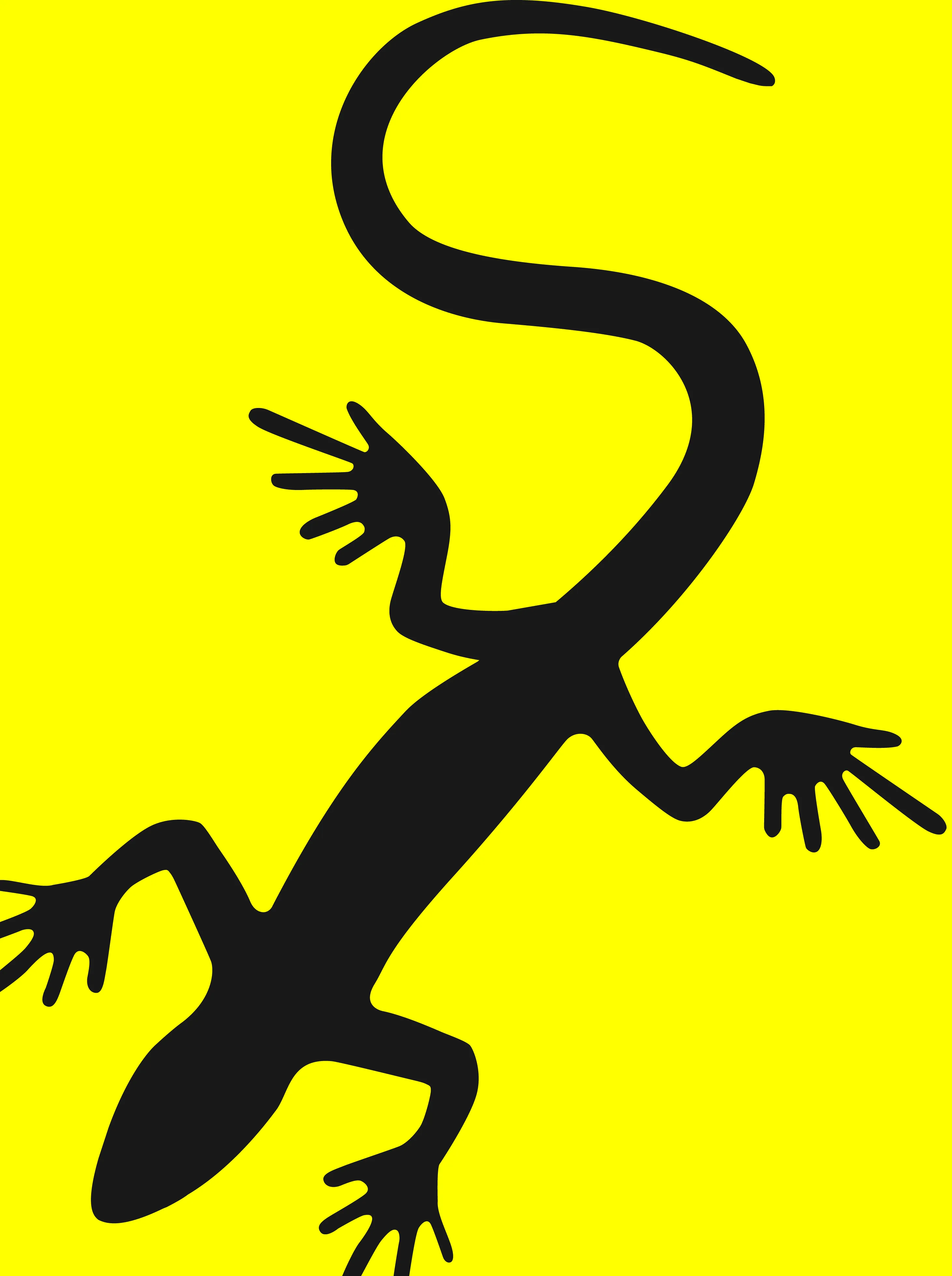 Logo com escritas pretas e na imagem dentro do quadrado amarelo, há uma lagartixa.