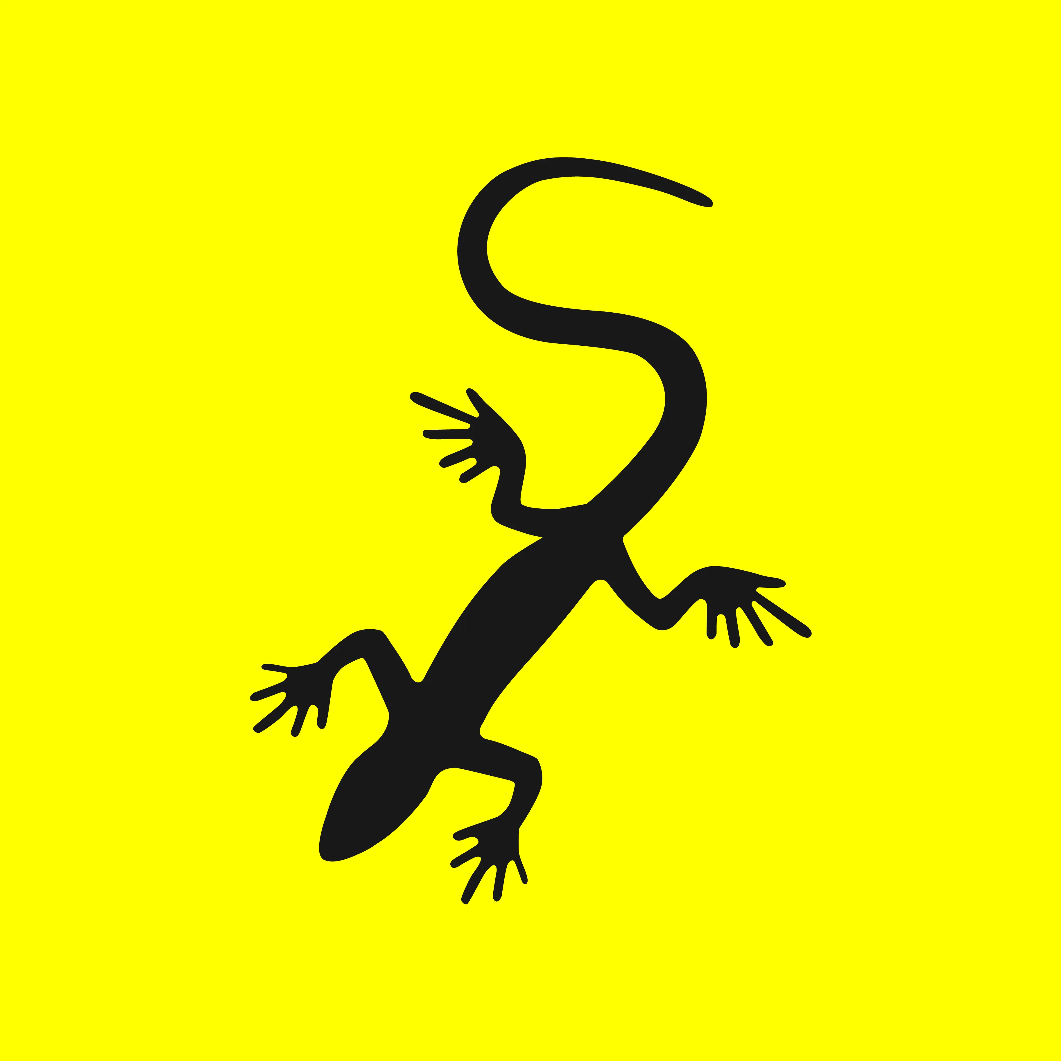 Logo com escritas pretas e na imagem dentro do quadrado amarelo, há uma lagartixa.