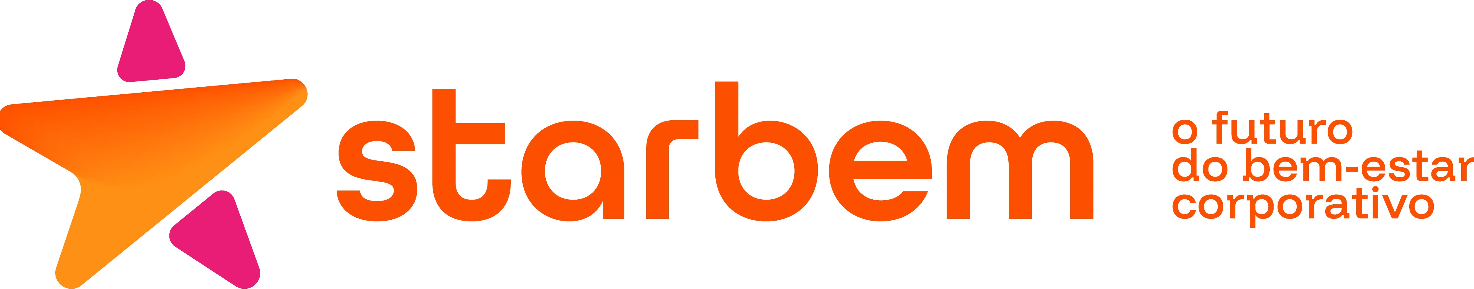 Logo da Starbem, composta pela palavra “Starbem” em letras minúsculas e na cor laranja, seguida de uma estrela estilizada com três pontas. A estrela é formada por duas formas sobrepostas, nas cores rosa, laranja e degradê, que criam um efeito de movimento e dinamismo.
