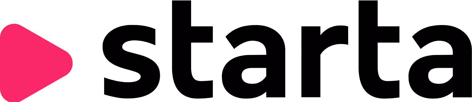 O logotipo da Starta apresenta a palavra "Starta" escrita em letras minúsculas, com uma fonte preta em negrito e estilo moderno. À esquerda do texto, há um símbolo de play (um triângulo) na cor rosa vibrante, que aponta para a direita. O logotipo está sobre um fundo branco, criando um contraste forte e limpo.