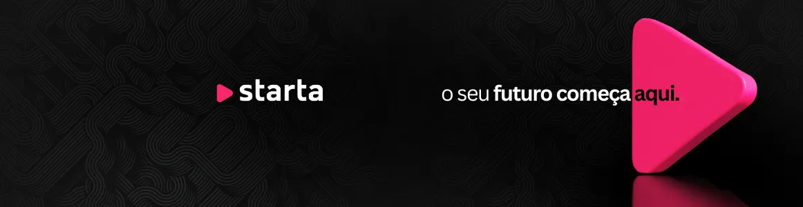 A imagem tem fundo preto com um padrão sutil de linhas curvas geométricas em cinza escuro.

No lado esquerdo, aparece o logotipo da Starta, composto por um triângulo rosa em forma de botão de “play” seguido da palavra starta em letras brancas minúsculas.

No centro-direita, está escrito em branco e negrito parcial:
“o seu futuro começa aqui.”
— com as palavras futuro e aqui destacadas em negrito.

À direita, há um grande triângulo 3D rosa, também lembrando um botão de “play”, com efeito de sombra e iluminação, transmitindo destaque e dinamismo.

A imagem passa a mensagem institucional da marca, associando o logotipo ao conceito de futuro e inovação.
