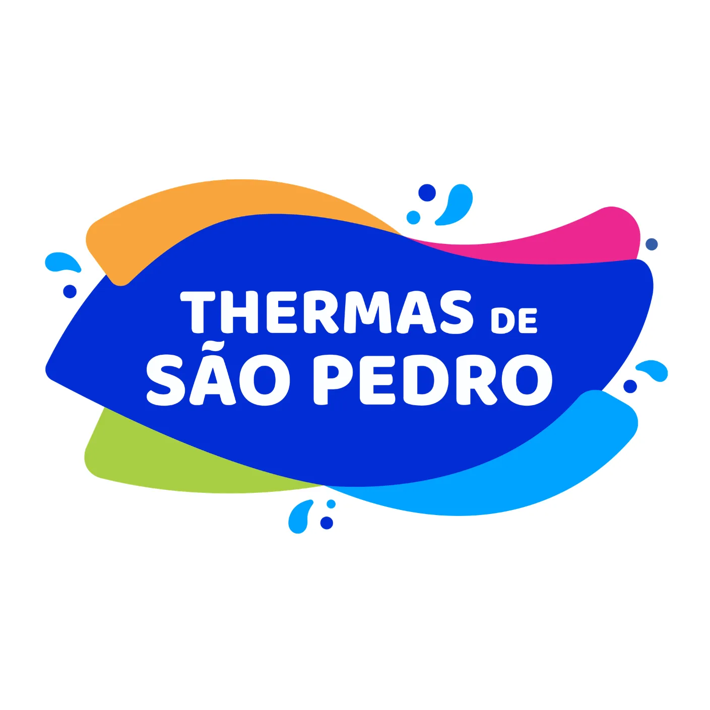 Logotipo do Thermas de São Pedro. O nome "THERMAS DE SÃO PEDRO" aparece em letras brancas maiúsculas sobre uma forma orgânica azul. Ao fundo, há elementos coloridos em azul-claro, rosa, laranja e verde, que remetem à água, diversão e movimento. O conjunto transmite uma identidade alegre, moderna e associada ao lazer aquático.