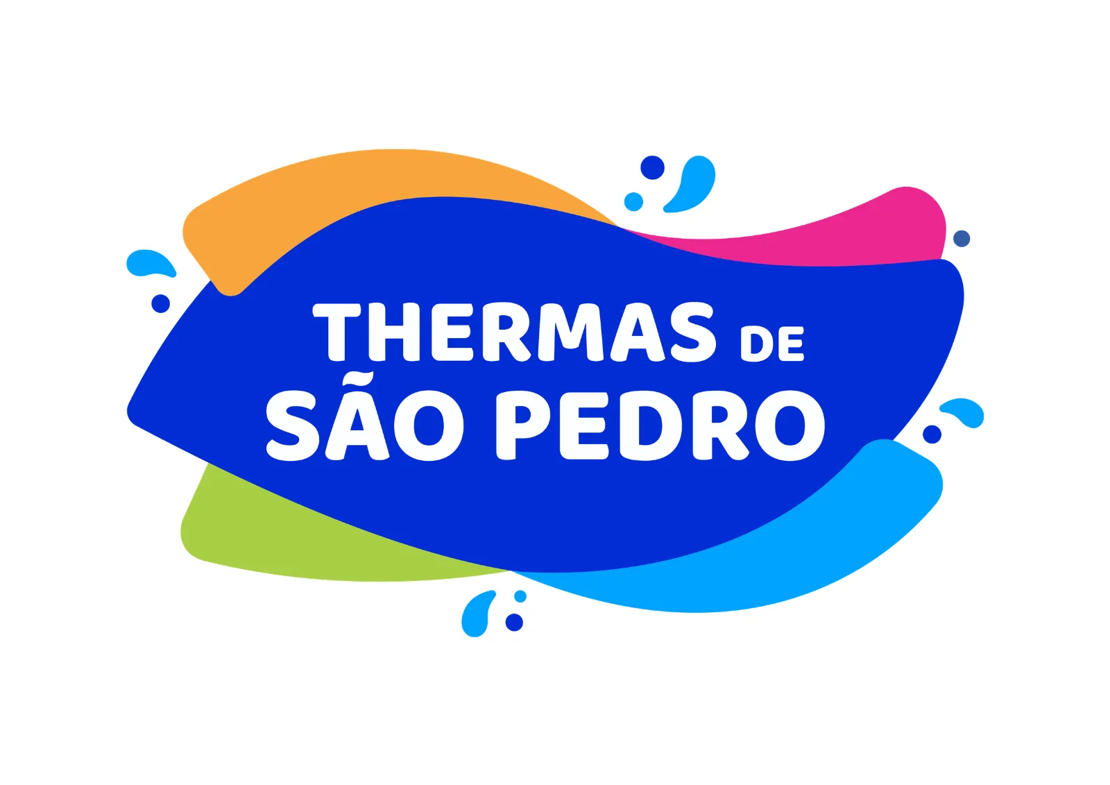 Logotipo do Thermas de São Pedro. O nome "THERMAS DE SÃO PEDRO" aparece em letras brancas maiúsculas sobre uma forma orgânica azul. Ao fundo, há elementos coloridos em azul-claro, rosa, laranja e verde, que remetem à água, diversão e movimento. O conjunto transmite uma identidade alegre, moderna e associada ao lazer aquático.
