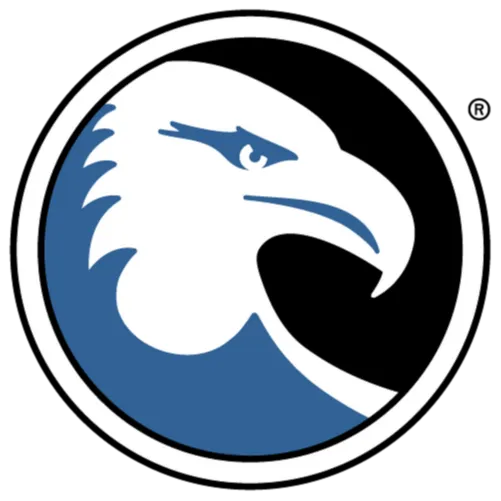 Um círculo que contém a cabeça de uma águia na cor branca e azul, com fundo na cor preto. Embaixo do círculo está escrito American Pan Cainco, na fonte cor preto.