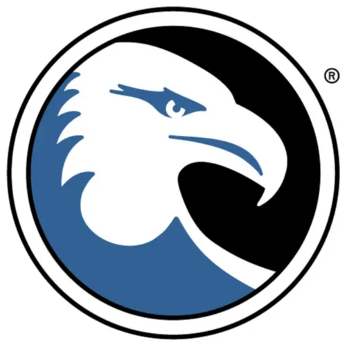 Um círculo que contém a cabeça de uma águia na cor branca e azul, com fundo na cor preto. Embaixo do círculo está escrito American Pan Cainco, na fonte cor preto.