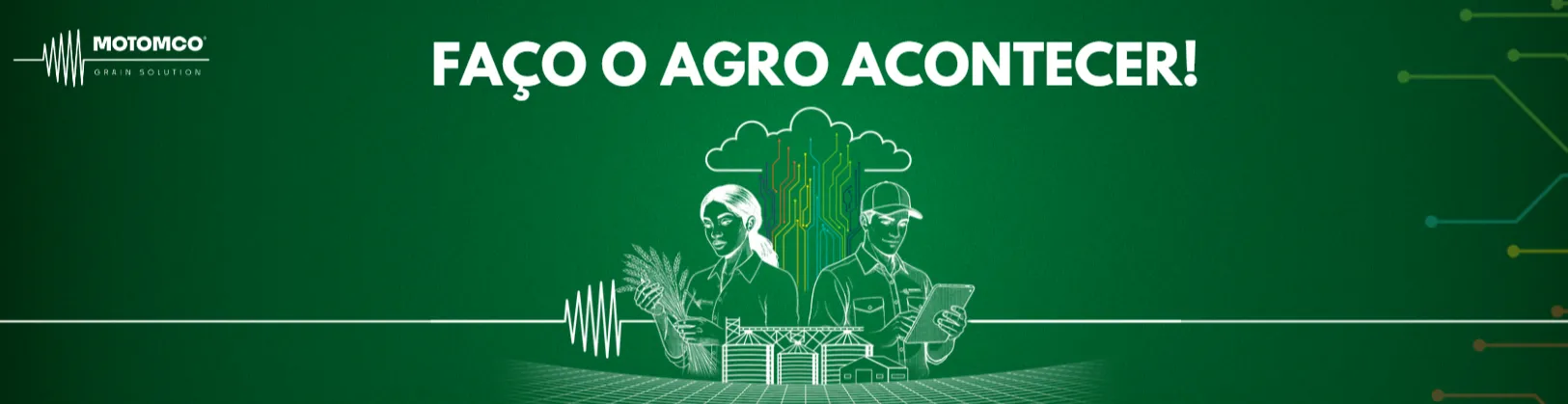 Imagem em tons de verde com o logotipo da Motomco no canto esquerdo e a frase central “Faço o agro acontecer!”. Ao centro, ilustrações de duas pessoas: uma analisando grãos e outra utilizando um tablet, representando tecnologia e campo integrados. Ao fundo, elementos gráficos que remetem a dados, inovação e infraestrutura agrícola.