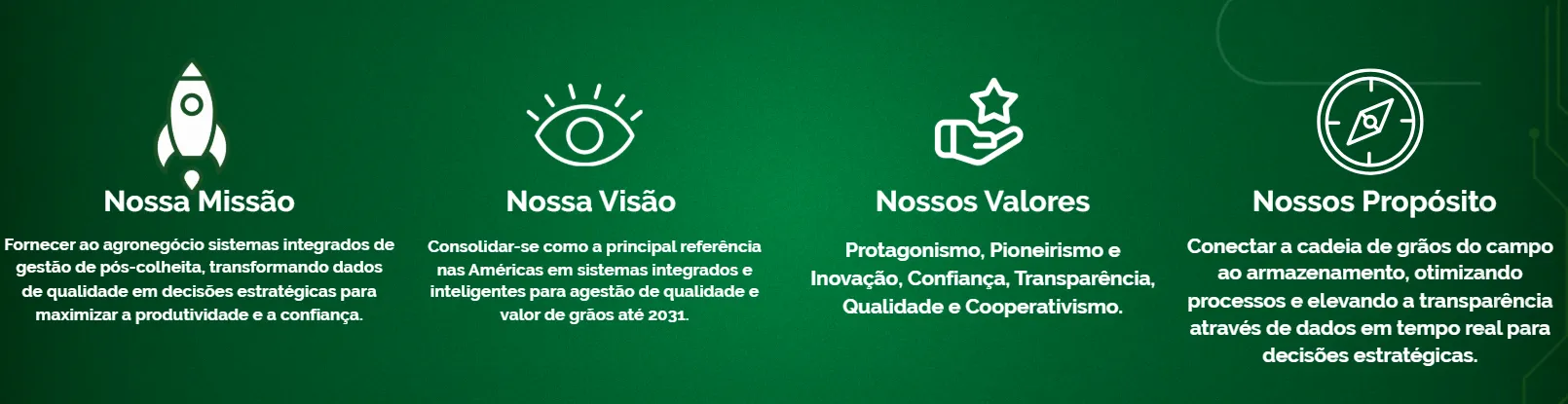 Banner institucional em tons de verde com quatro ícones e textos. Apresenta a Missão da empresa, focada em fornecer sistemas integrados para o agronegócio e transformar dados em decisões estratégicas. A Visão é ser referência nas Américas até 2031. Os Valores incluem protagonismo, inovação, confiança, transparência, qualidade e cooperativismo. O Propósito é conectar a cadeia de grãos do campo ao armazenamento com dados em tempo real.