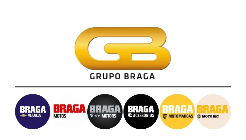 O logotipo é composto por um símbolo dourado, que une as letras G e B em um design moderno e contínuo, com acabamento arredondado e aparência metálica brilhante, transmitindo inovação e solidez.

Abaixo do símbolo, está escrito "GRUPO BRAGA" em letras maiúsculas, pretas, com uma fonte simples e direta, reforçando a identidade corporativa.