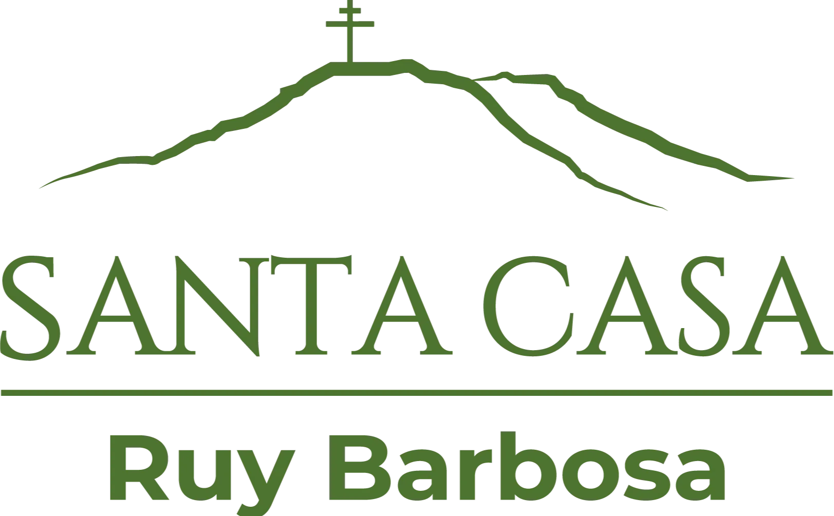 silhueta da Serra do Orobó com uma cruz, uma área de conservação na Chapada Diamantina, que fica próxima a cidade de Ruy Barbosa, na Bahia. Embaixo da silhueta está escrito Santa Casa Ruy Barbosa