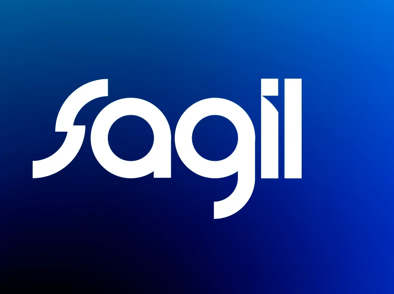 Nome da empresa escrito em azul com o logotipo, que representa uma mandíbula, em amarelo e vermelho.