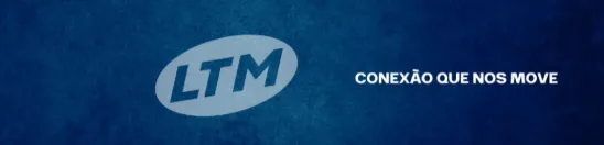 O logótipo apresenta um fundo oval azul inclinado para a direita, com as letras "LTM" em negrito e itálico na cor amarela. O design transmite dinamismo e modernidade, com um contraste forte entre o azul e o amarelo, garantindo alta visibilidade e legibilidade.