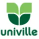 Logotipo da Univille centralizado sobre fundo branco. No topo, há um ícone estilizado composto por quatro partes geométricas divididas ao meio: a parte superior é formada por duas formas em tom verde-claro que remetem às páginas de um livro aberto, simbolizando a educação e o conhecimento. Logo abaixo, a parte inferior traz duas formas arredondadas em verde-escuro que lembram folhas, remetendo à natureza e à sustentabilidade. Na base do logotipo, em letras minúsculas e na cor verde-escura, está escrita a palavra univille.