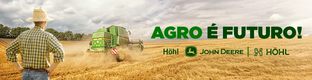 Homem de chapéu e camisa xadrez observa uma colheitadeira verde em um campo de trigo. Ao lado, a frase: Agro é futuro! em destaque, seguida pelos logotipos da Höhl John Deere e Höhl.