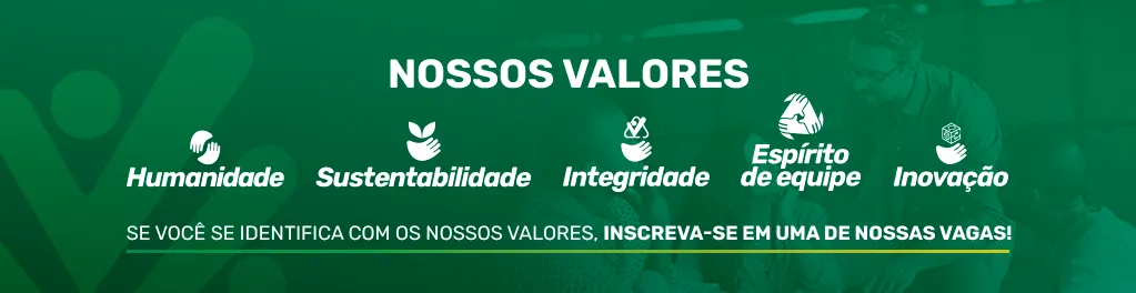 Fundo verde com ícones brancos representando cinco valores: Humanidade, Sustentabilidade, Integridade, Espírito de equipe e Inovação. Abaixo, há um convite em letras maiúsculas: Se você se identifica com os nossos valores, inscreva-se em uma de nossas vagas!