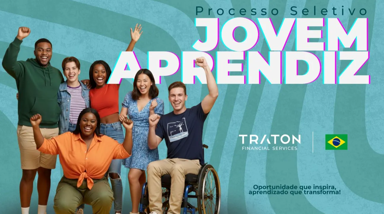 Logo da empresa TRATON Financial Services na cor preta ao lado da banderia do Brasil, separados por uma faixa. A palavra TRATON está na parte superior da logo e em caixa alta e as palavras Financial Services estão embaio da palavra TRATON e também em caixa alta.