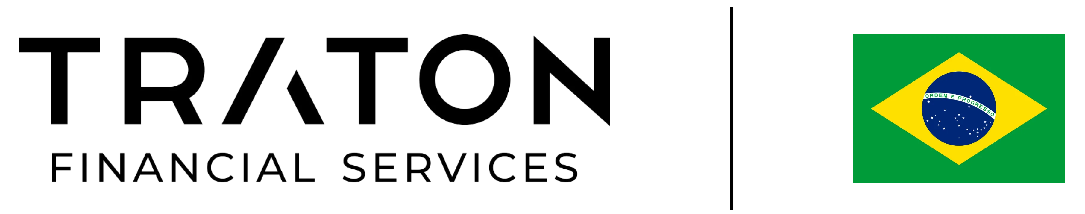 Logo da empresa TRATON Financial Services na cor preta ao lado da banderia do Brasil, separados por uma faixa. A palavra TRATON está na parte superior da logo e em caixa alta e as palavras Financial Services estão embaio da palavra TRATON e também em caixa alta.