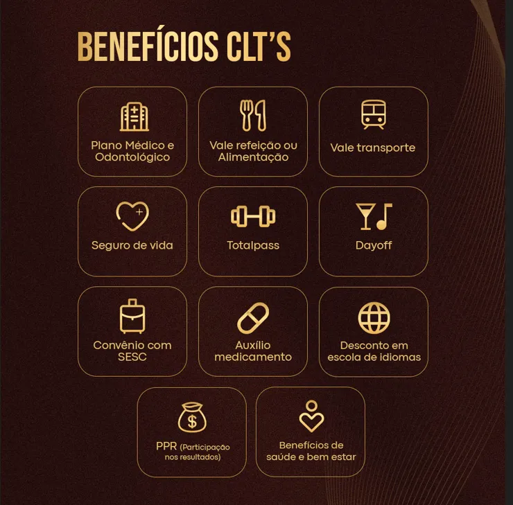Imagem com fundo escuro e pessoas ao fundo comemorando, levemente desfocadas. Em destaque, o título em letras grandes amarelas: “BENEFÍCIOS CLT’S”. Abaixo, uma lista de benefícios em texto branco com marcadores amarelos:

Plano Médico e Odontológico;
Vale refeição ou Alimentação;
Vale transporte;
Seguro de vida;
Totalpass;
Dayoff;
Convênio com SESC;
Auxílio medicamento;
Desconto em clínica de estética – GIOLASER;
Descontos em universidades e escolas de idiomas;
PPR (Participação por Resultado);
Benefícios de saúde e bem-estar.