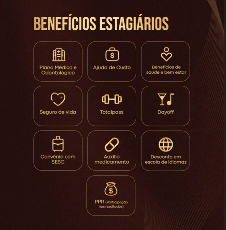 Imagem com fundo escuro e pessoas ao fundo comemorando, levemente desfocadas. Em destaque, o título em letras grandes amarelas: “BENEFÍCIOS ESTAGIÁRIOS”. Abaixo, uma lista de benefícios em texto branco com marcadores amarelos:

Plano Médico e Odontológico;
Ajuda de Custo;
Seguro de vida;
Totalpass;
Dayoff;
Convênio com SESC;
Desconto em clínica de estética – GIOLASER;
Descontos em universidades e escolas de idiomas;
PPR (Participação por Resultado);
