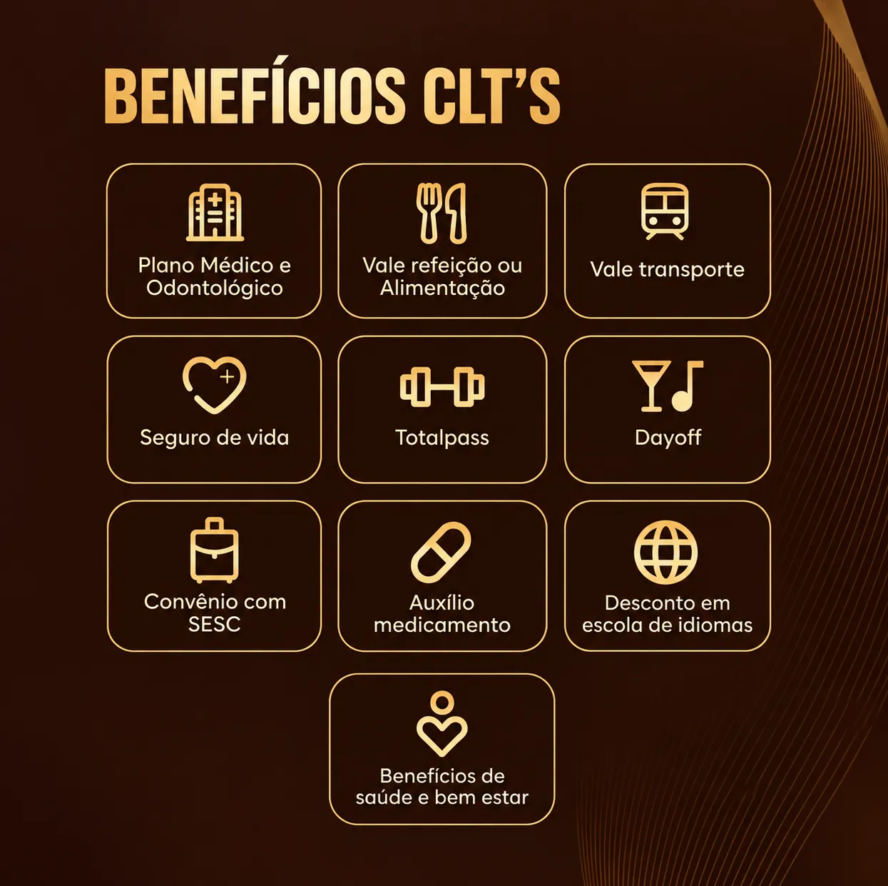 Imagem com fundo escuro e pessoas ao fundo comemorando, levemente desfocadas. Em destaque, o título em letras grandes amarelas: “BENEFÍCIOS CLT’S”. Abaixo, uma lista de benefícios em texto branco com marcadores amarelos.