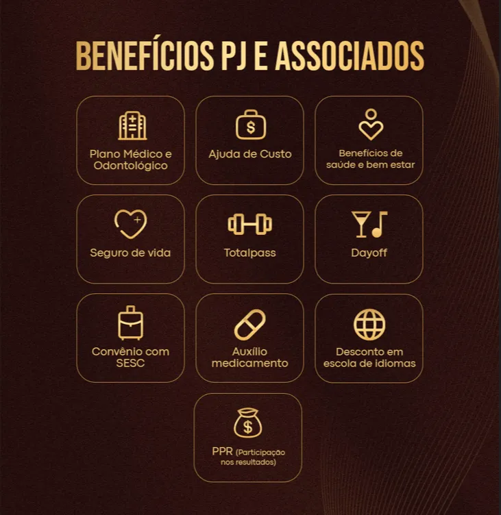 Imagem com fundo escuro e pessoas ao fundo comemorando, levemente desfocadas. Em destaque, o título em letras grandes amarelas: “BENEFÍCIOS PJ E ASSOCIADO”. Abaixo, uma lista de benefícios em texto branco com marcadores amarelos:

Plano Médico e Odontológico;
Ajuda de Custo;
Seguro de vida;
Totalpass;
Dayoff;
Convênio com SESC;
Desconto em clínica de estética – GIOLASER;
Descontos em universidades e escolas de idiomas;
PPR (Participação por Resultado);