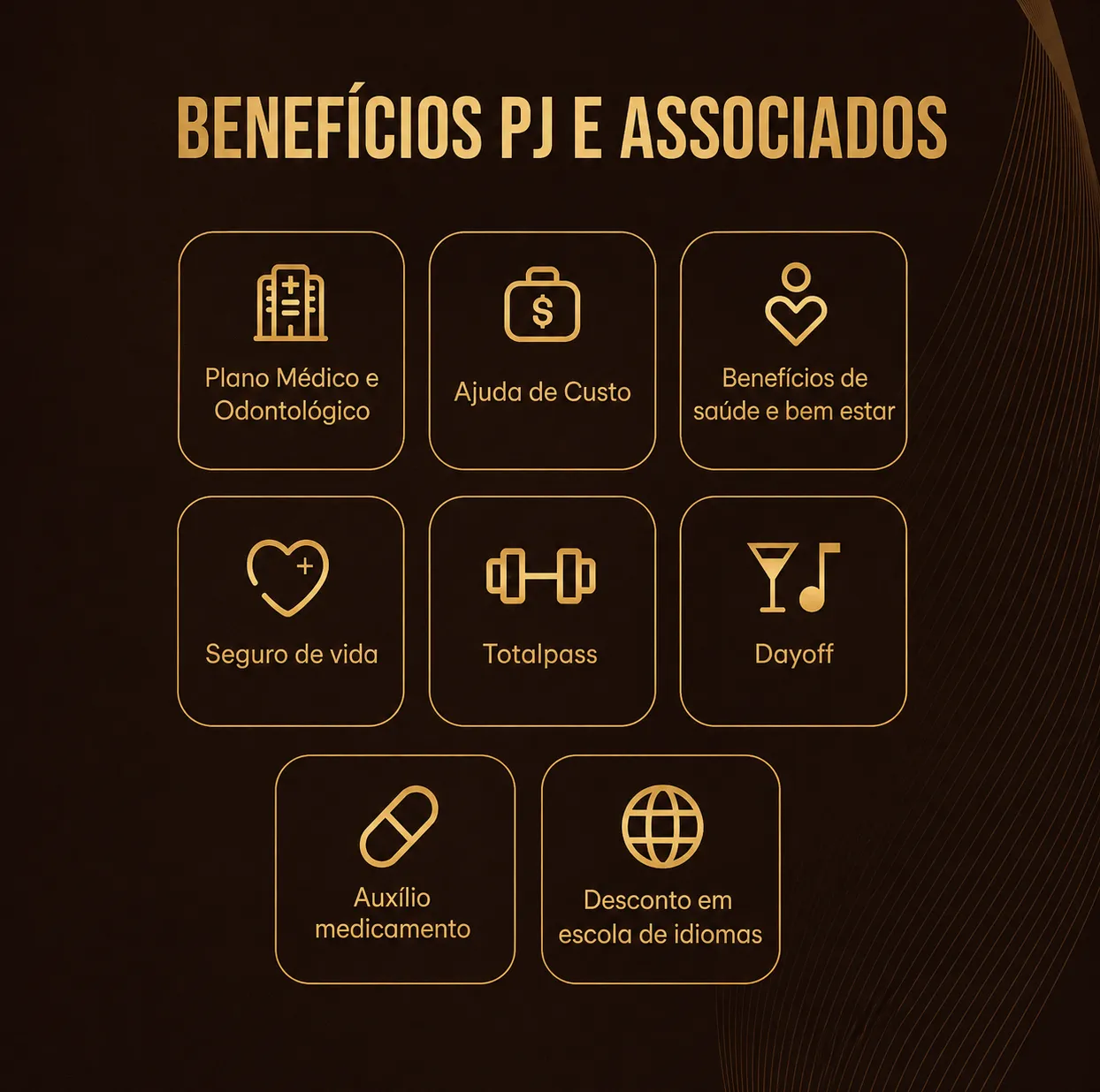 Imagem com fundo escuro e pessoas ao fundo comemorando, levemente desfocadas. Em destaque, o título em letras grandes amarelas: “BENEFÍCIOS PJ E ASSOCIADO”. Abaixo, uma lista de benefícios em texto branco com marcadores amarelos.