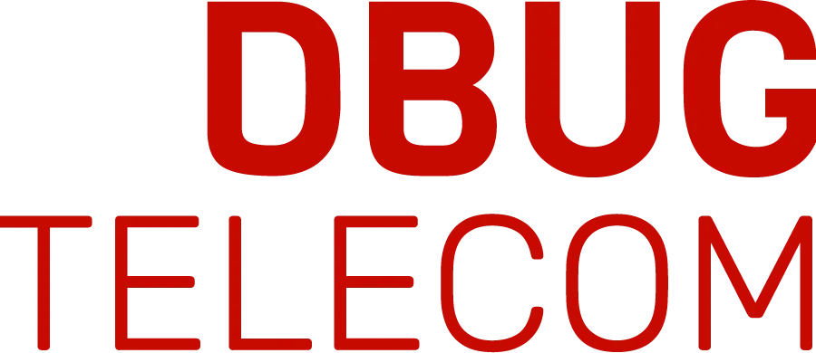 Texto em vermelho exibindo as palavras “Dbug Telecom” em um fundo branco. As palavras estão escritas em caixa alta, Dbug está na parte superior e Telecom na parte inferior. Dbug está escrito em negrito, com traços mais grossos e Telecom está escrito em fonte normal, com os traços mais finos. O texto está alinhado à direita.