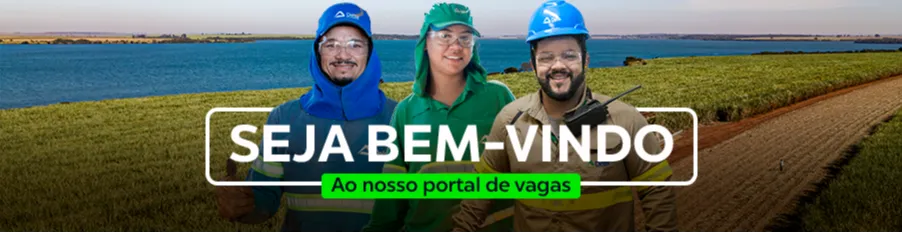 Banner com mensagem de boas-vindas ao novo portal de vagas Delta Sucroenergia, com fundo com foto aérea do canavial e 3 colaboradores sorrindo, sendo um de cada área com seu uniforme específico e respectivos EPIs.