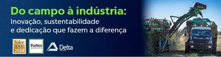 Banner com foto de uma colhedora de cana-de-açúcar verde junto a grunner - trator e a frase Do campo à indústria: Inovação, sustentabilidade e dedicação que fazem a diferença. No rodapé os selos Valor 1000 e Forbes Agro 100, rankings que a usina faz parte todos os anos.