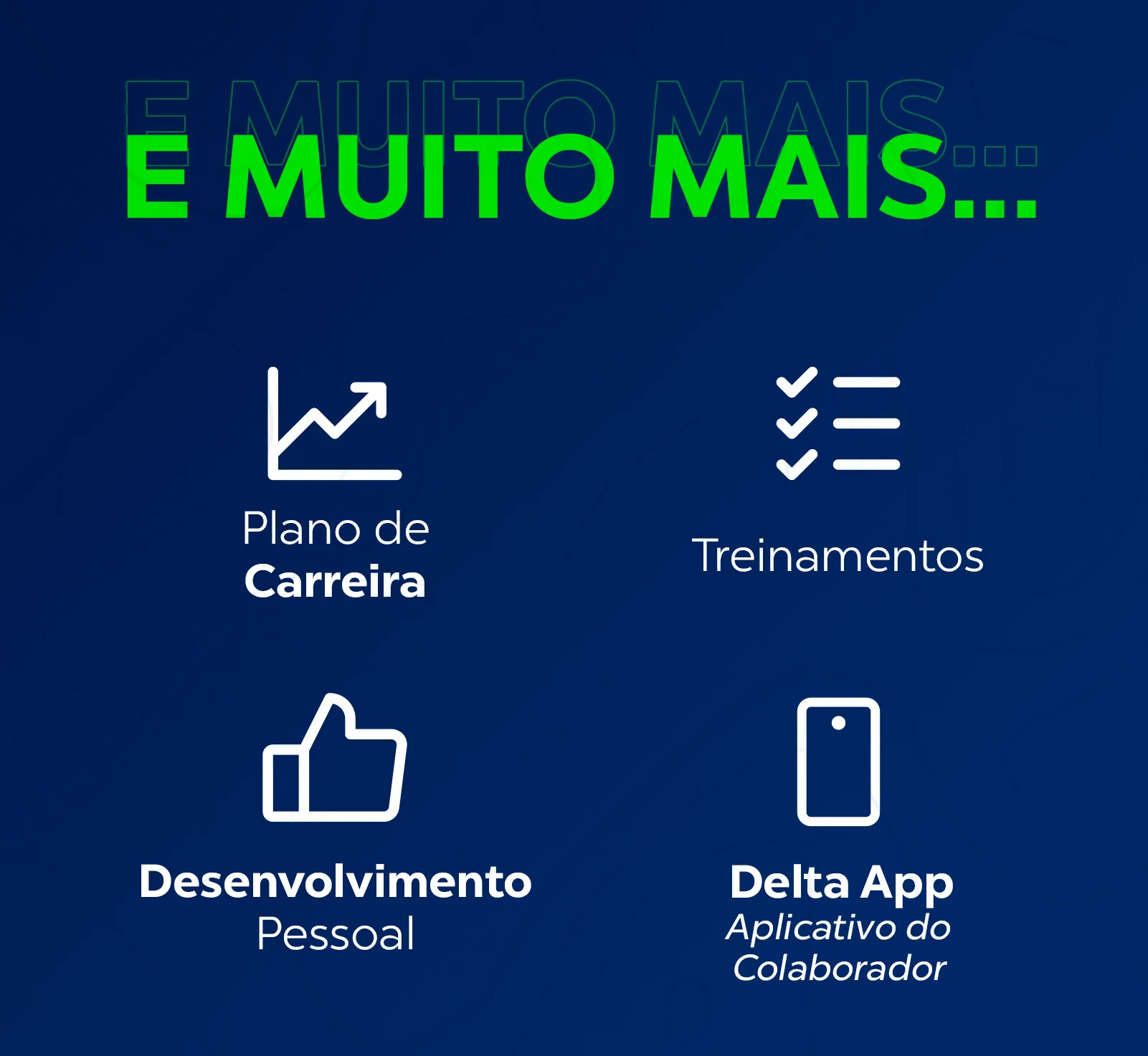 Imagem fundo azul com o título E Muito Mais... com desenhos ilustrando os tópicos: Plano de Carreira, Treinamentos, Desenvolvimento Pessoal e Delta App - aplicativo do colaborador.