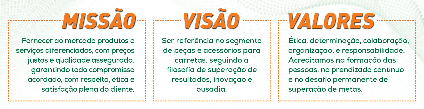 A imagem traz sobre a Missão, Visão e Valores que a empresa acredita e inspira seus colaboradores.
Missão: Fornecer ao mercado produtos e serviços diferenciados, com preços justos e qualidade assegurada, garantindo todo compromisso acordados, com respeito, ética e satisfação plena do cliente.
Visão: Ser referência no segmento de peças e acessórios para carretas, seguindo a filosofia de superação de resultados, inovação e ousadia. 
Valores: Ética, determinação, colaboração, organização e responsabilidade. Acreditamos na formação das pessoas, no aprendizado contínuo e no desafio permanente de superação de metas.
