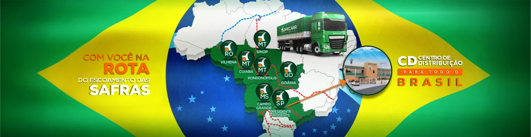 A imagem é composta por uma grande bandeira do Brasil ao fundo. No centro da bandeira aparece um mapa do Brasil com estados destacados em verde e ícones indicando a localização das nossas filiais e Centro de Distribuição (Presidente Prudente/SP, Campo Grande/MS, Aparecida de Goiânia/GO, Rondonópolis/MT, Cuiabá/MT, Sinop/MT, Vilhena/RO). À direita do mapa há um caminhão verde com a marca DIPECARR.
A frase "Com você na rota do escoamento das Safras" aparece ao lado esquerdo da bandeira e a imagem do nosso centro de distribuição juntamente com a frase "Centro de Distribuição para todo Brasil" fica à direita.