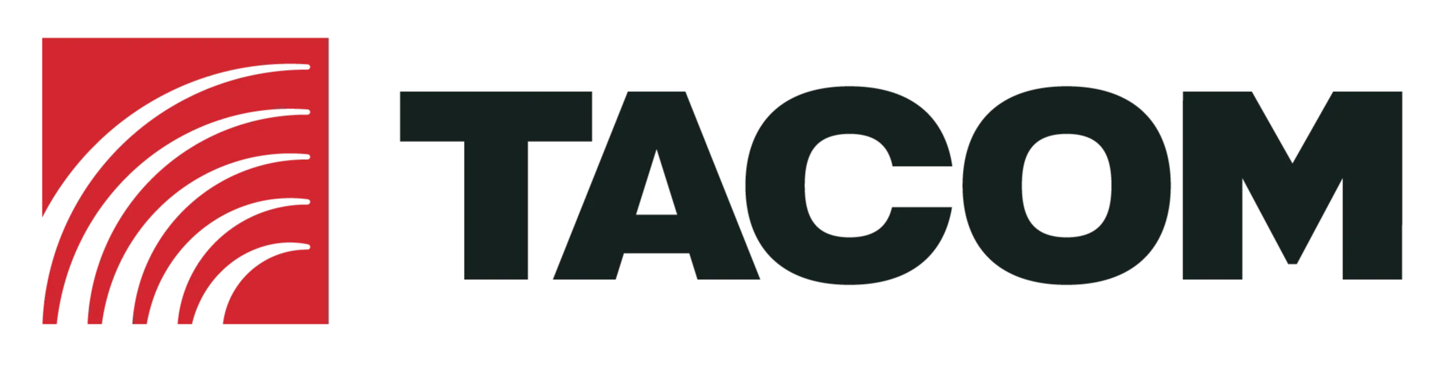 Logomarca da TACOM: símbolo vermelho com linhas curvas brancas à esquerda e o nome TACOM em letras maiúsculas verde-escuro à direita.
