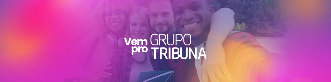 Logotipo com as palavras Grupo Tribuna, na cor preta em letras maiúsculas, com fundo branco.