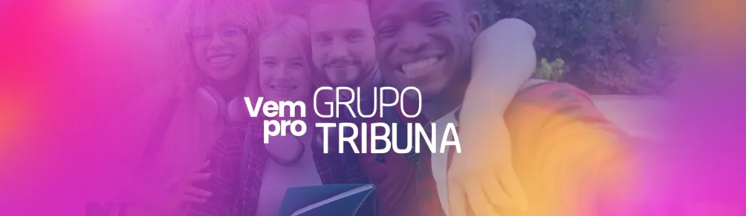 Logotipo com as palavras Grupo Tribuna, na cor preta em letras maiúsculas, com fundo branco.