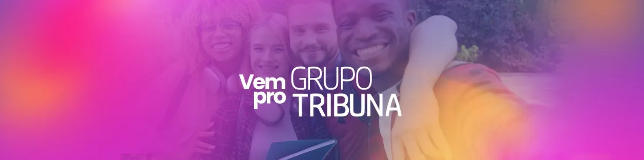 Logotipo com as palavras Grupo Tribuna, na cor preta em letras maiúsculas, com fundo branco.