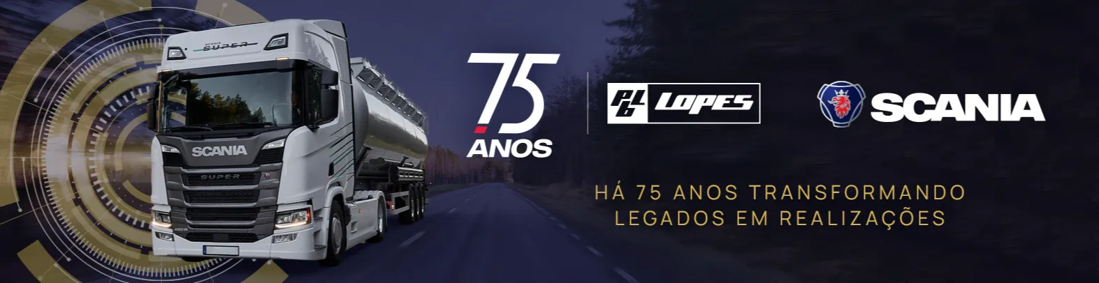 Banner comemorativo dos 75 anos da Rede P. B. Lopes, concessionária Scania