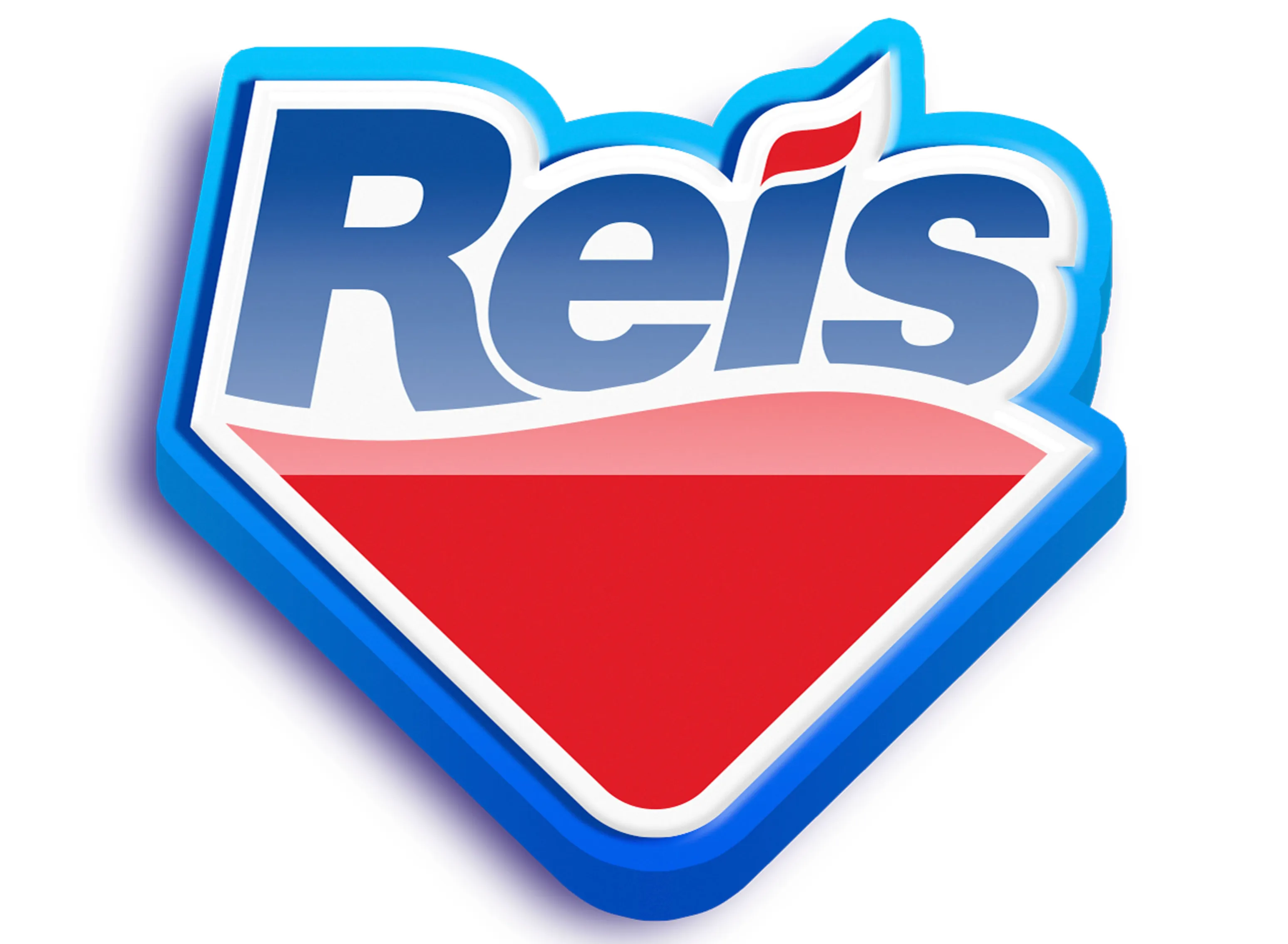 LOGO COM O NOME REIS EM CORES VERMELHO, AZUL E BRANCO.