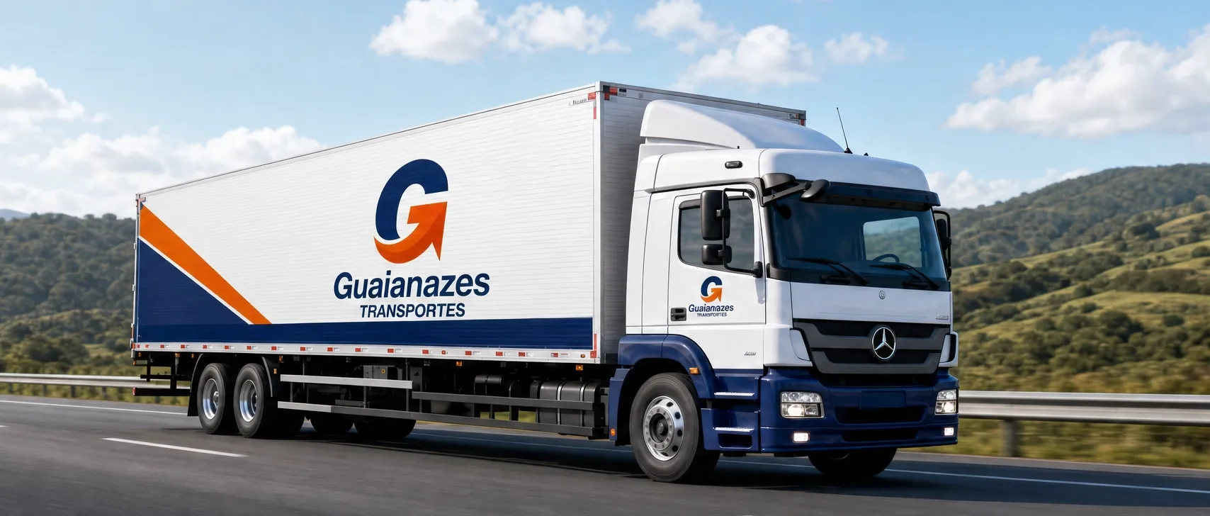 Caminhão com uma caçamba, com logo da empresa.