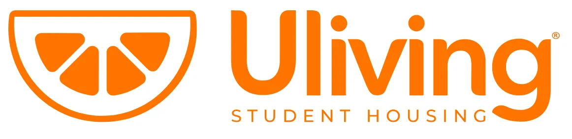 O logo da Uliving diz Uliving Student Housing e é simbolizado por uma meia laranja, um todo com gominhos.