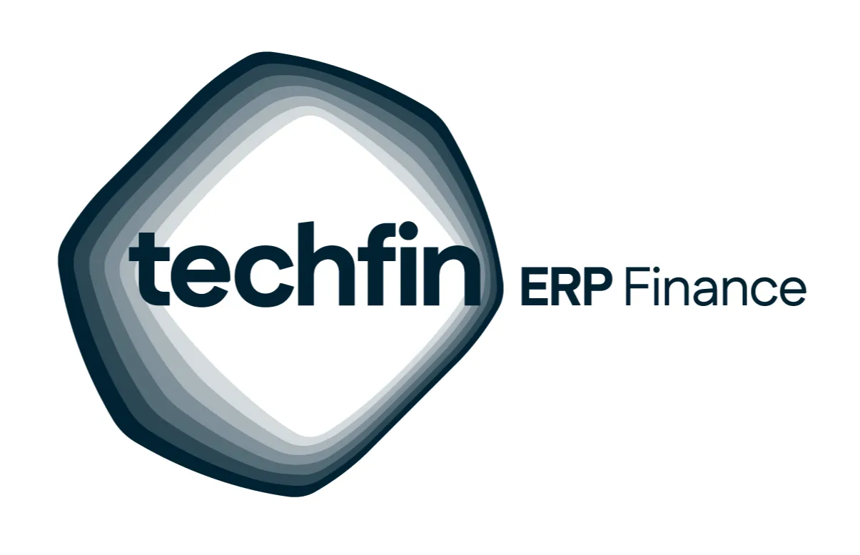 Logotipo da Techfin ERP Finance composto por um símbolo abstrato em formato orgânico arredondado, semelhante a um quadrado com cantos suaves e contornos sobrepostos em tons de azul escuro e cinza. Ao centro do símbolo está a palavra "techfin" em letras minúsculas, na cor azul escuro. À direita, aparece o texto "ERP Finance" em fonte menor, também na cor azul escuro. O conjunto transmite uma identidade visual moderna, tecnológica e corporativa.