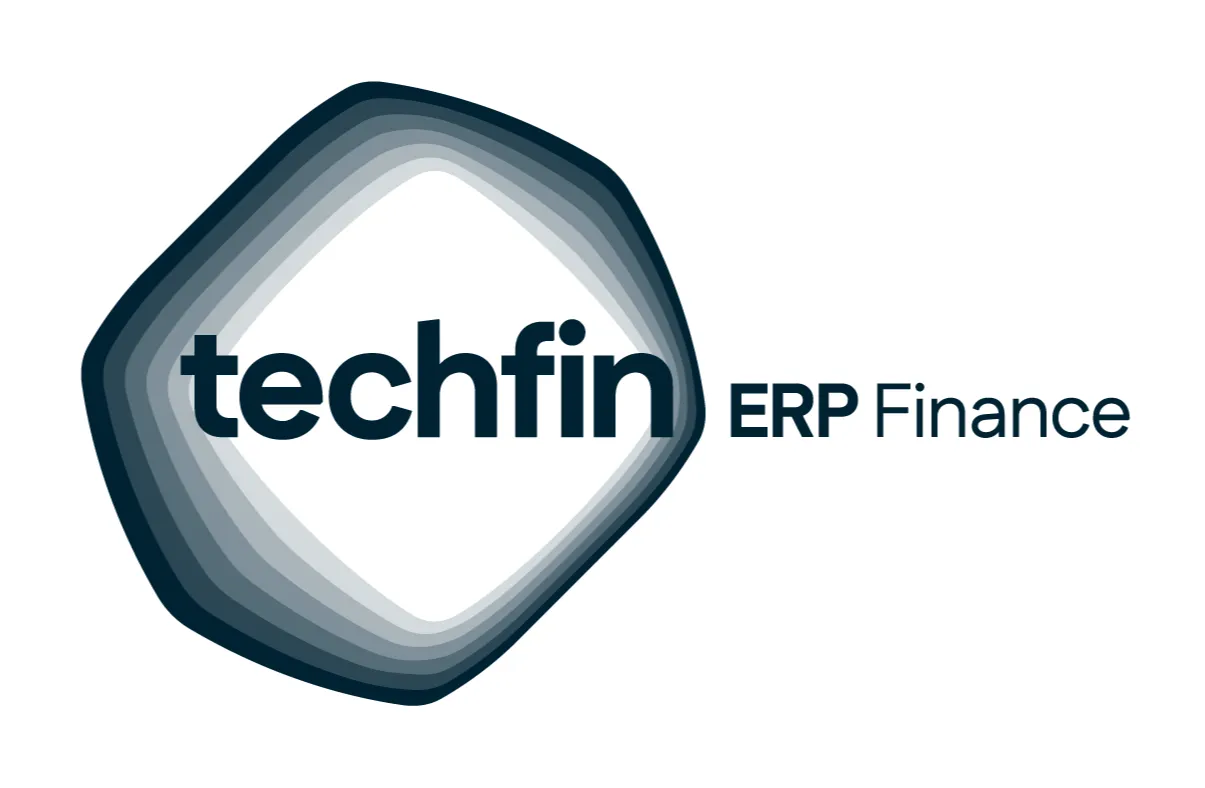 Logotipo da Techfin ERP Finance composto por um símbolo abstrato em formato orgânico arredondado, semelhante a um quadrado com cantos suaves e contornos sobrepostos em tons de azul escuro e cinza. Ao centro do símbolo está a palavra "techfin" em letras minúsculas, na cor azul escuro. À direita, aparece o texto "ERP Finance" em fonte menor, também na cor azul escuro. O conjunto transmite uma identidade visual moderna, tecnológica e corporativa.