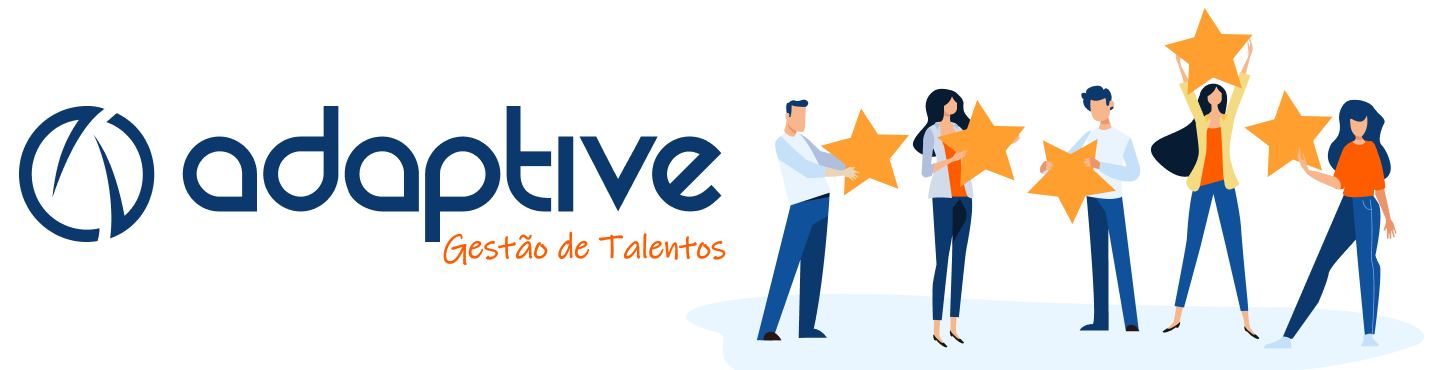 Logo em laranja e azul, com símbolo que representa a letra A, em laranja, e a letra D, em azul, estilizadas e a palavra Adaptive em azul. Logo abaixo, frase Gestão de Talentos, em laranja. Ao lado, imagem em desenho de 5 pessoas: um homem de cabelo preto, de blusa branca e calça azul, uma mulher de cabelos longos e pretos, blusa laranja, casaco branco e calça azul, um homem de cabelo preto, de blusa branca e calça azul, uma mulher de cabelos longos e pretos, blusa laranja, casaco amarelo e calça azul, uma mulher de cabelos longos e pretos, blusa laranja e calça azul, cada um segurando um estrela amarela.